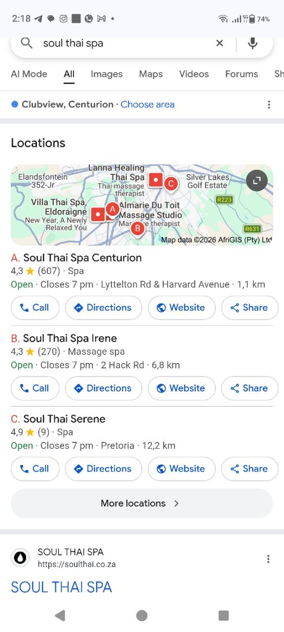 Google search results for Soul Thai Spa: Centurion 4.3 (607 reviews), Irene 4.3 (270 reviews), Serene 4.9 (9 reviews), and soulthai.co.za ranking organically below